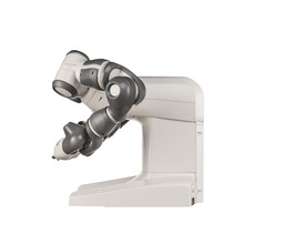 ABB YuMi IRB 14000 cobot in a dynamic position with open arms, highlighting its dexterity, precision handling, and collaborative design for small-part assembly. ABB YuMi IRB 14000 cobot in a dynamic position with open arms, highlighting its dexterity, precision handling, and collaborative design for small-part assembly.